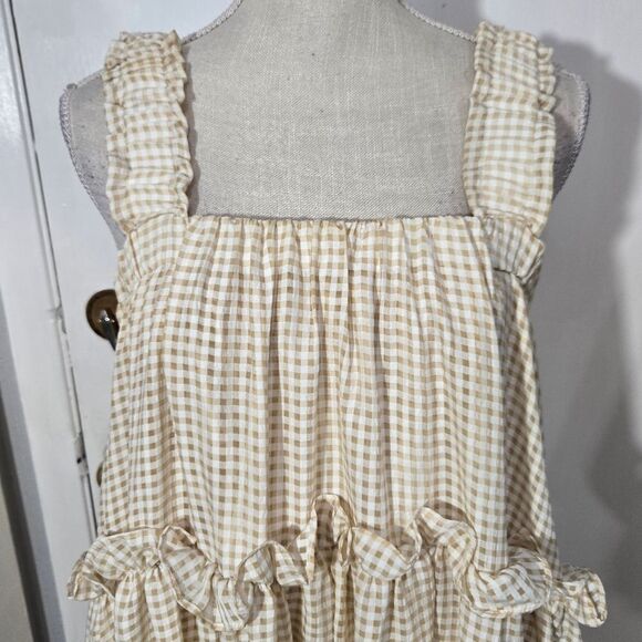 Mable Gingham Tan Beige White Sz SM Tiered Dress High Low - Picture 3 of 9
